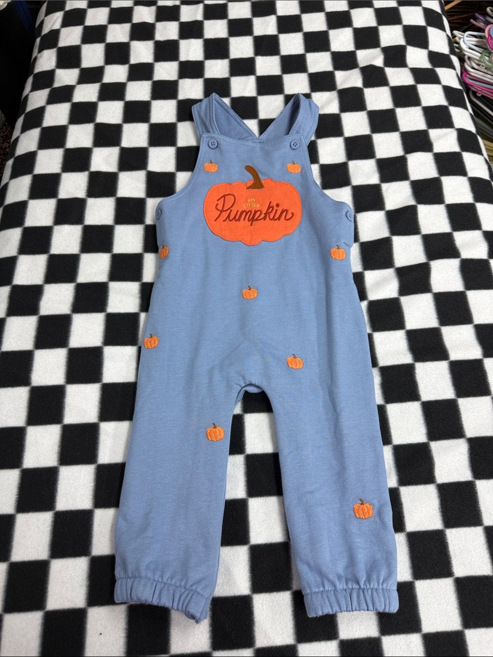 JoJo Maman Bebe Blue Overalls with Orange Pumpkin Appliqués